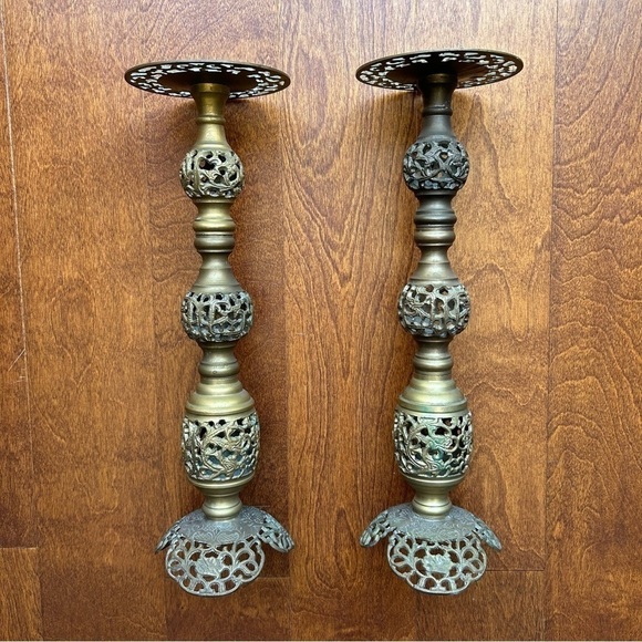 Vintage Oversized Moroccan Pierced Brass Candle Holders, Set of 2, Nice Patina - Picture 1 of 15